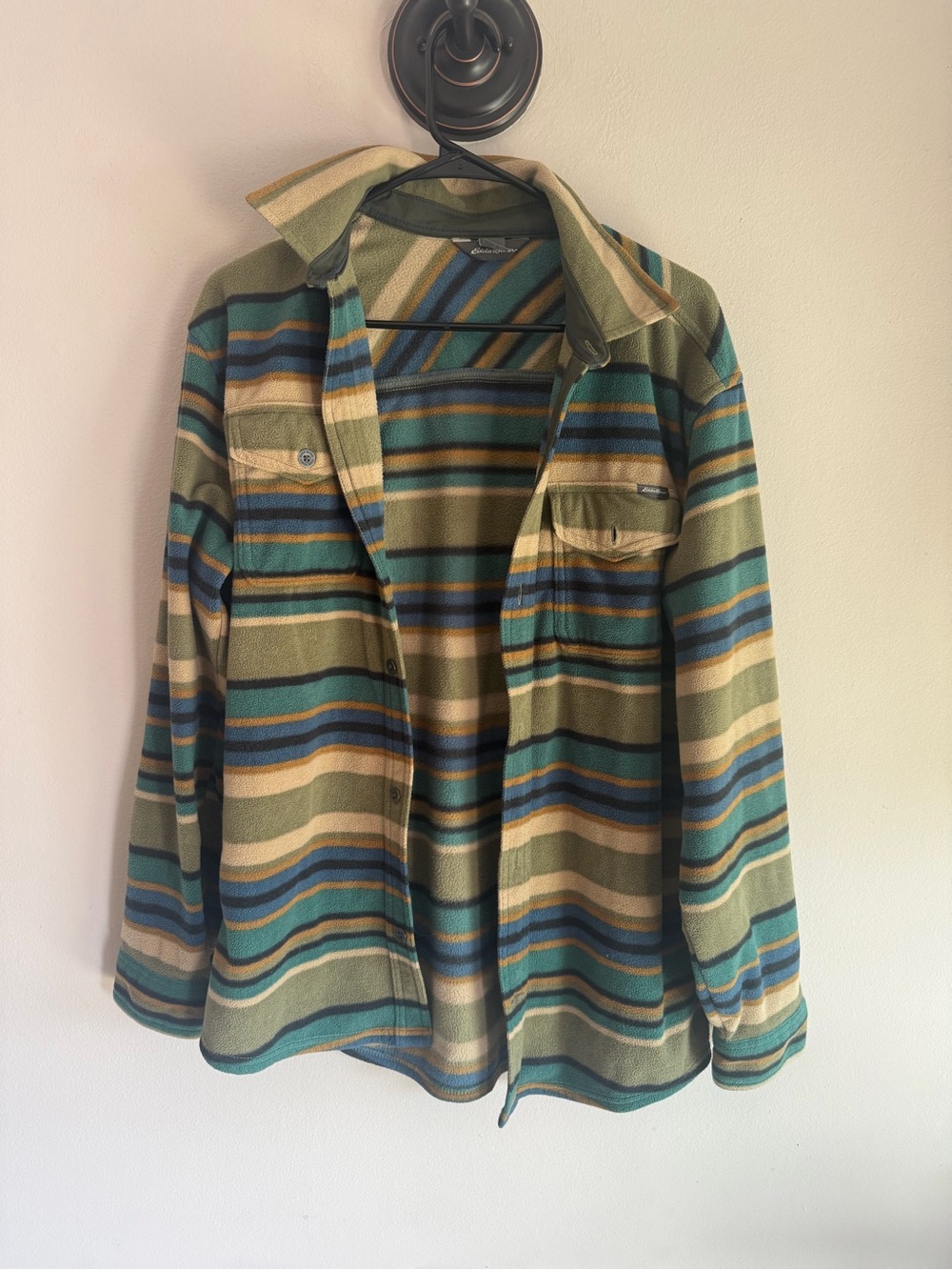 Eddie Bauer Men's Fleece Snap Front Shirt Jacket Striped Green Tan Medium